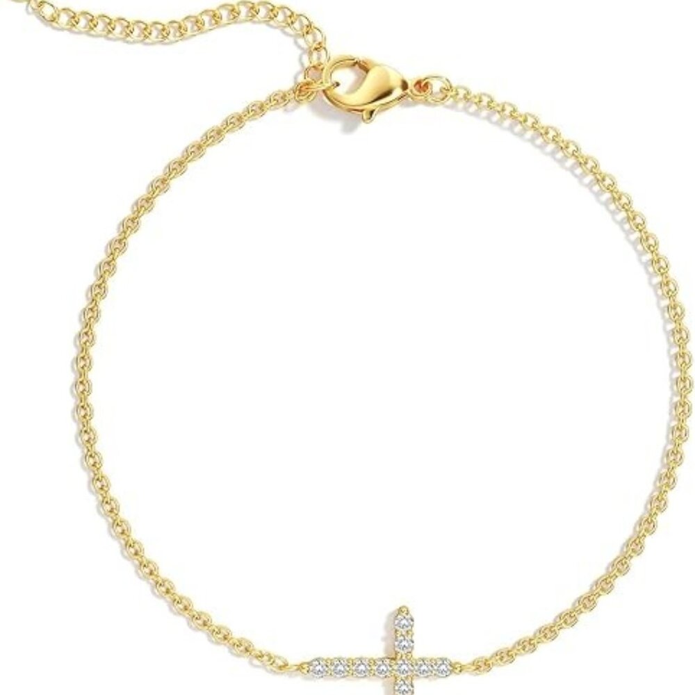925 Sterling Silver CZ Bracelet - CZ Cross Bracelet Gold